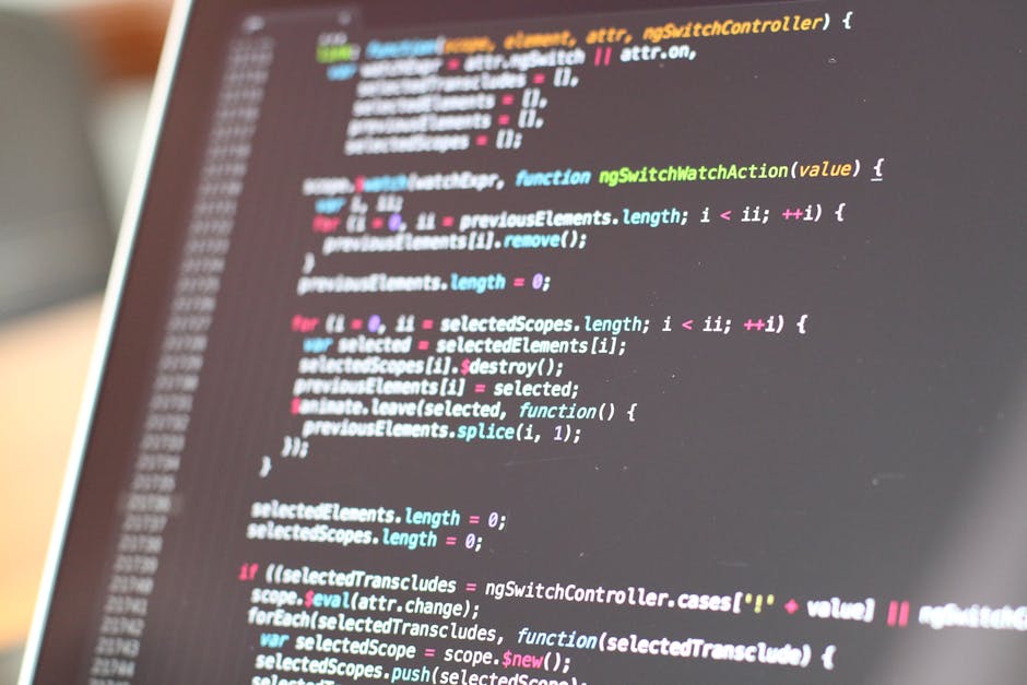 A close-up view of a computer screen displaying lines of colorful code in a text editor, with a focus on scripting language syntax highlighted in bright pink, green, blue, and white. The background is